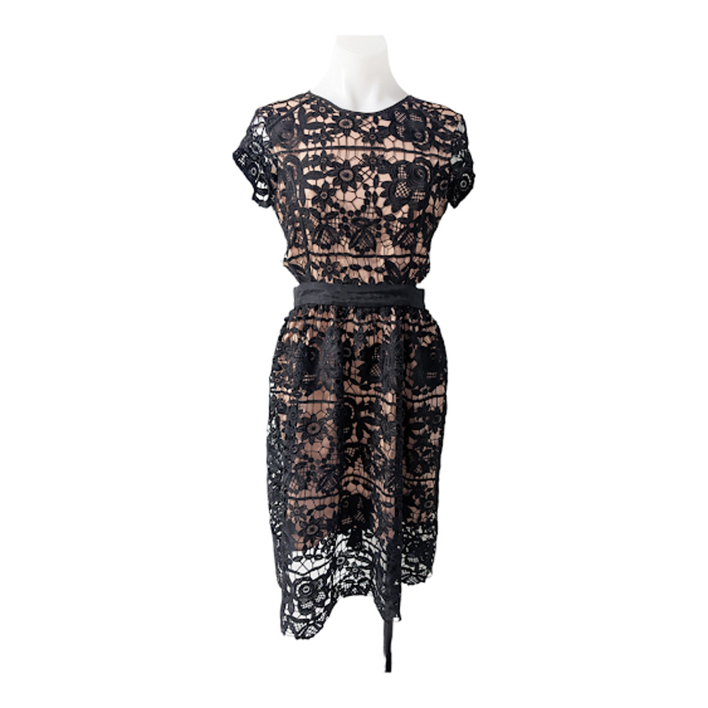 Devlin Size Small Sheath Lace Dress Black Tan Hourglass Crew Neck Cap Sleeves